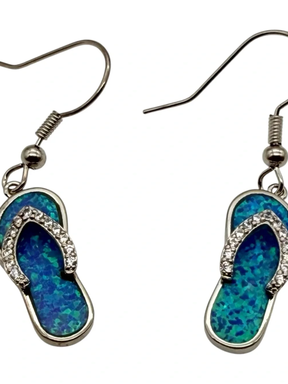 Flip Flop Slippers Silver Earrings Stamped 925 Blue Opal Two Tone Hook Hawai